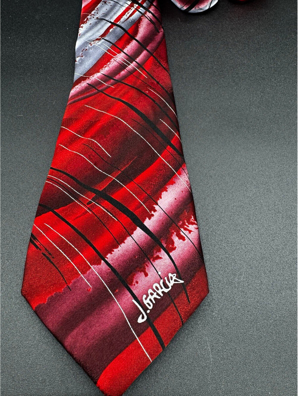 J.Garcia Mickey Collector’s Edition Silk Tie Red Abstract 59” x 3.5”